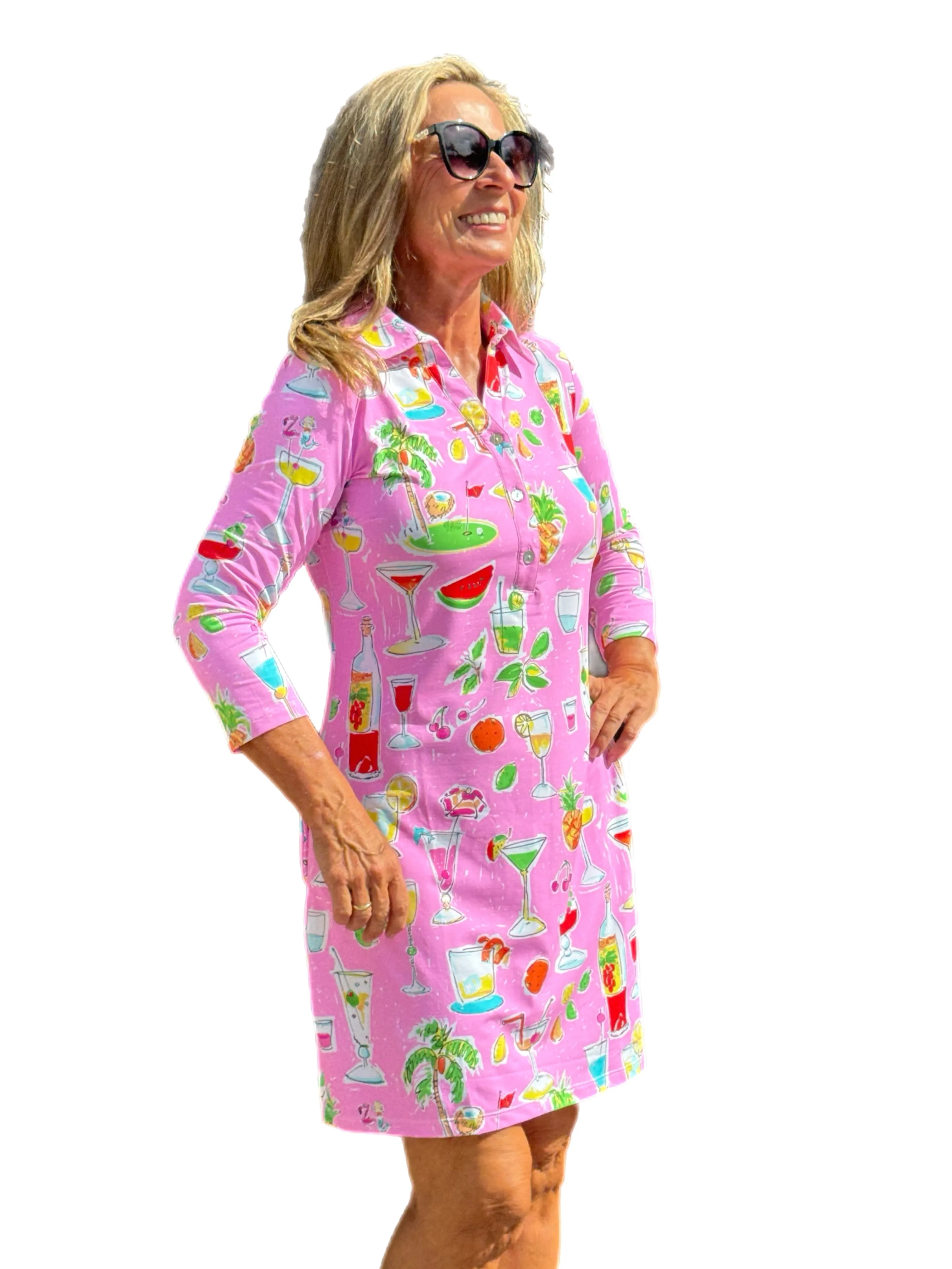 3/4 Sleeve Polo-Collar Dress with UPF50  Pink Happy Hour